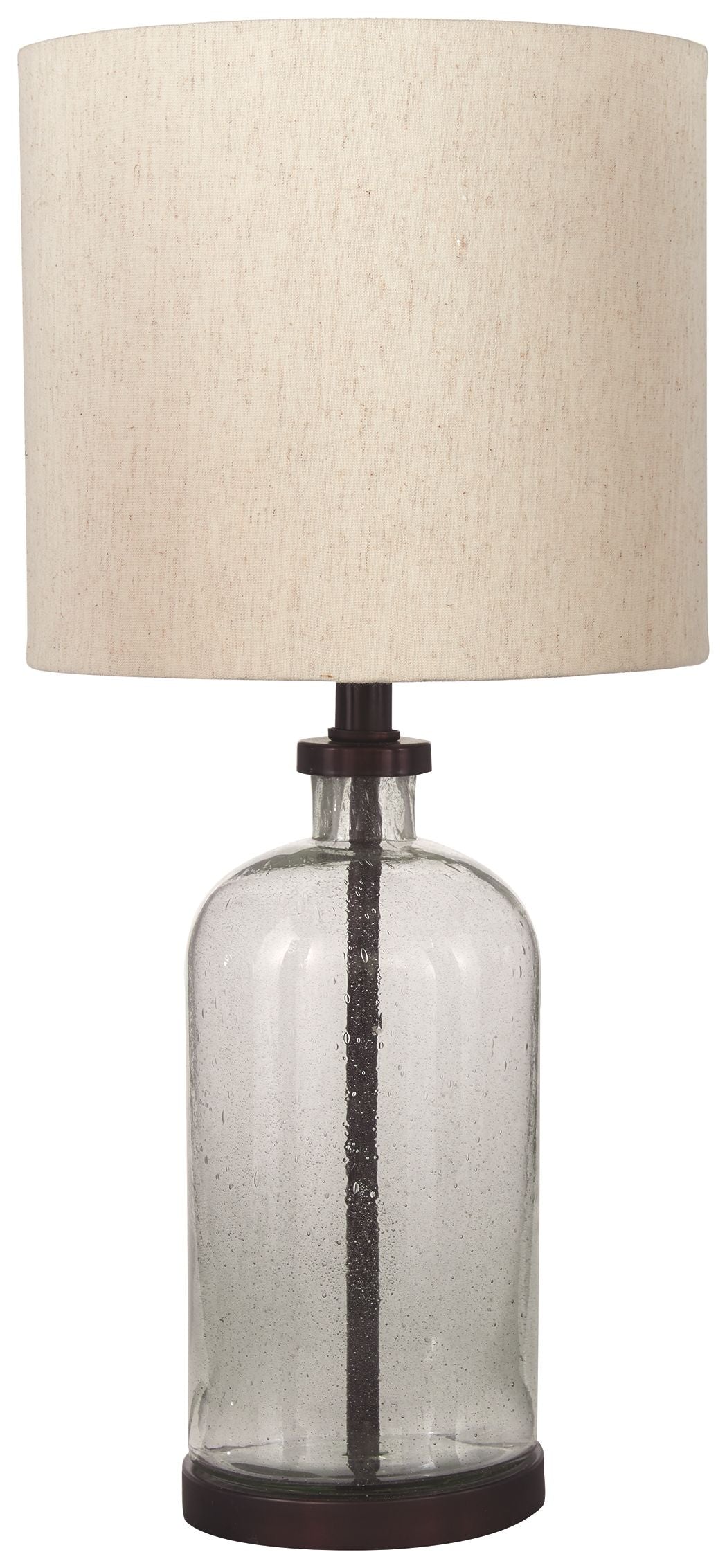 Clear glass table lamp with beige fabric shade and bronze base