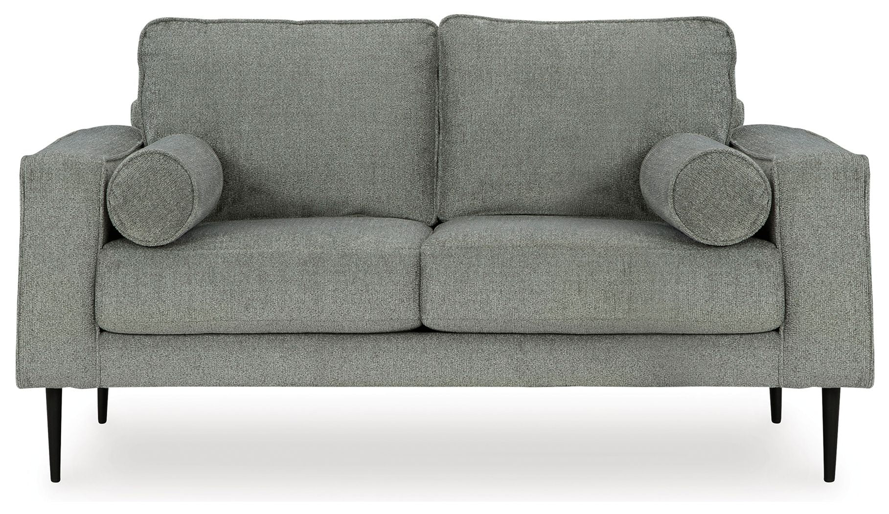 Charcoal loveseat with rolled arms and two round accent pillows, straight backrest