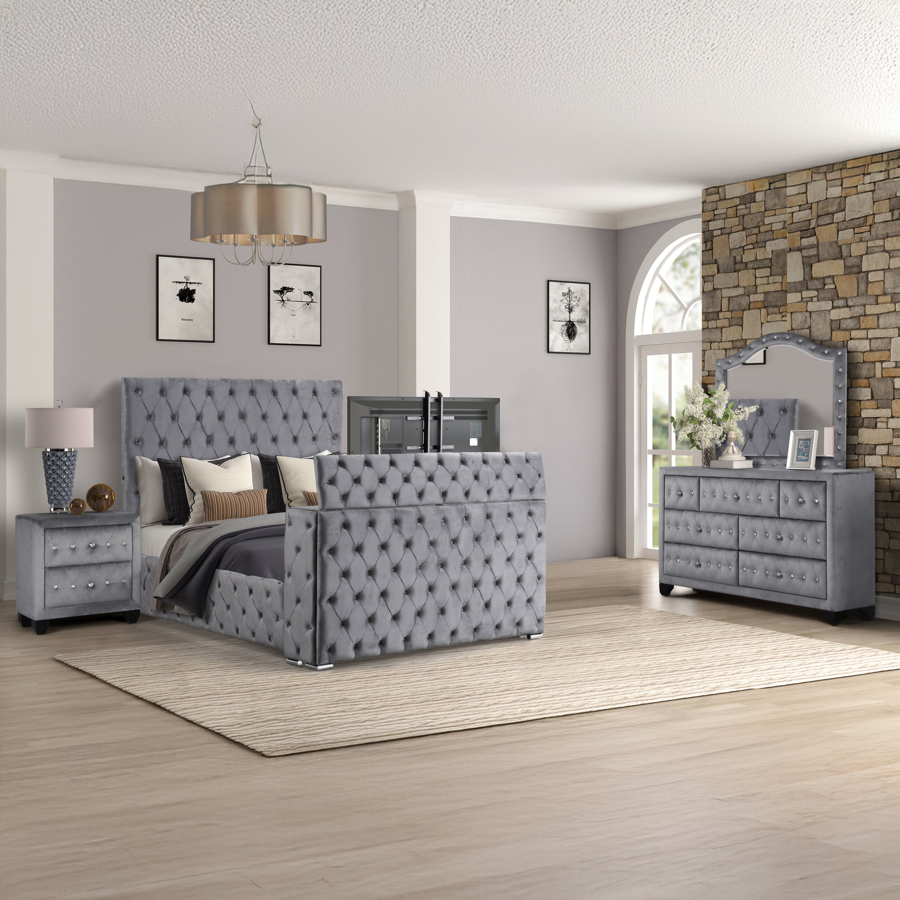 Encore Modern Gray Queen Tufted 4PC Upholstered Wood Bedroom Set