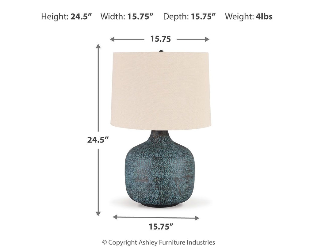 Table lamp size 24.5"H x 15.75"W x 15.75"D; teal patina base, off-white shade