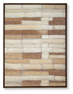 Framed wall art with abstract brick-like stripes in tan, brown and white