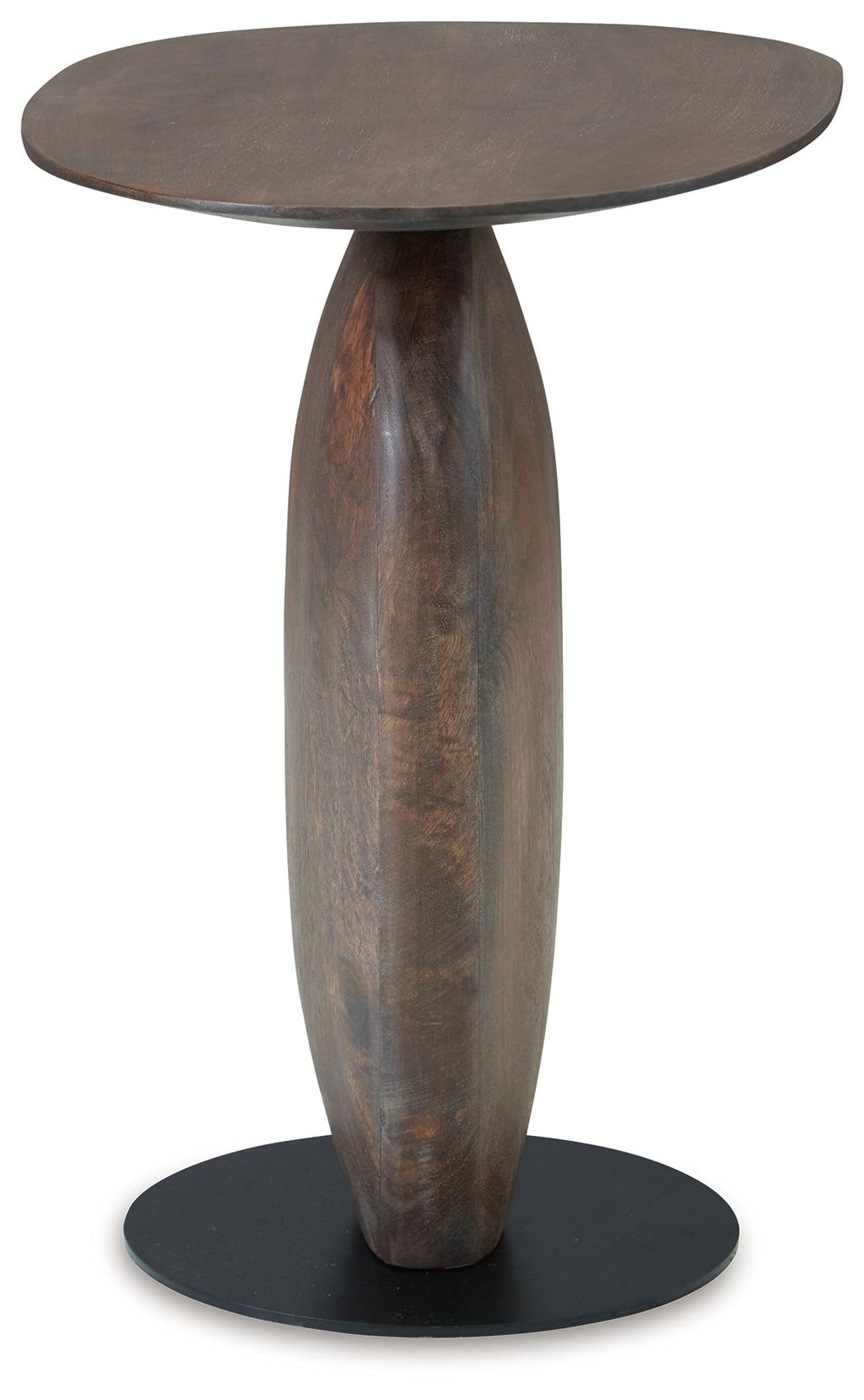 Round accent table with dark brown tabletop and carved pedestal base with black foot