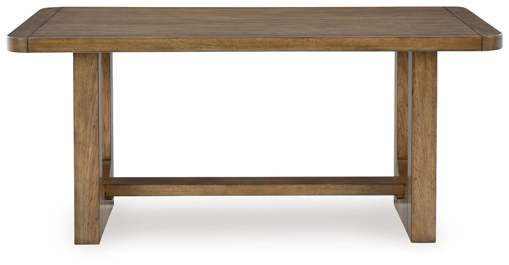 Rectangular dining table with light brown wood frame and open shelf under the top