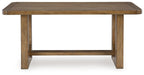 Rectangular dining table with light brown wood frame and open shelf under the top