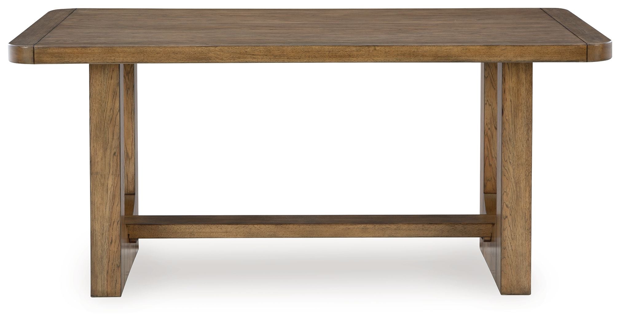 Rectangular dining table with light brown wood frame and open shelf under the top