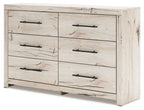 Light natural six-drawer dresser with six drawers and black bar pulls, three-quarter front view.