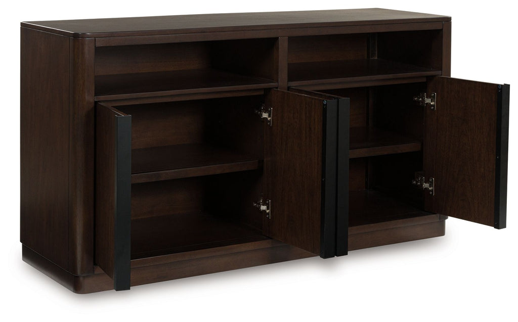 Dark brown dining room server with two open side compartments and interior shelves