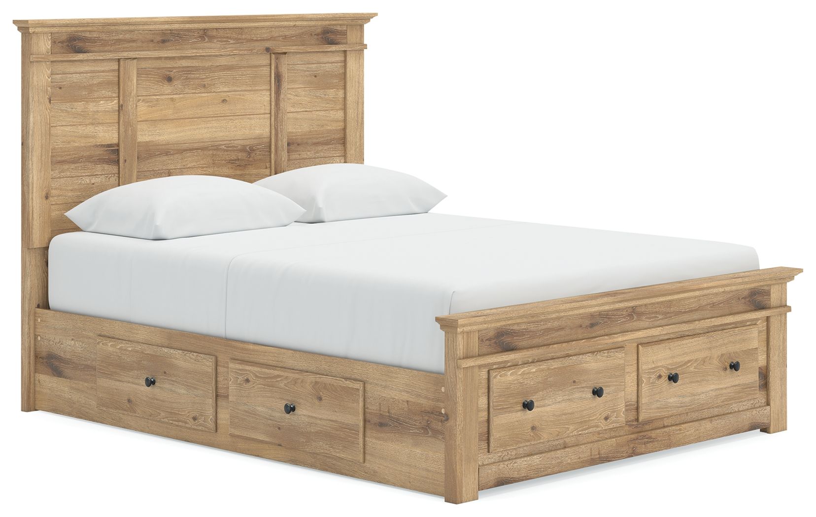 Light brown panel storage bed with side drawers and paneled headboard.