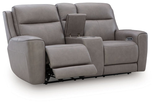 Dark gray power reclining loveseat with console and adjustable headrest, armrests