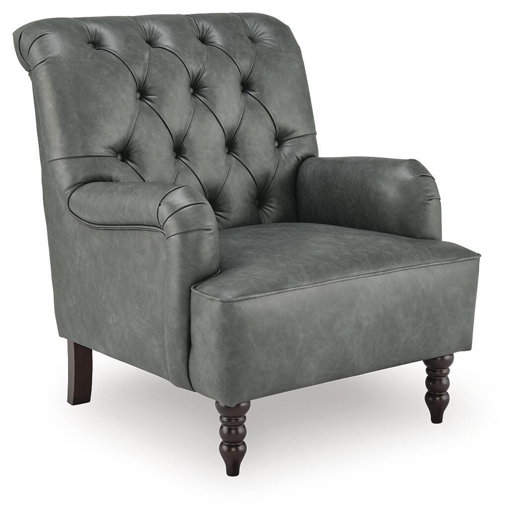 Dark gray upholstered accent chair with tufted back, padded arms, and dark wooden legs