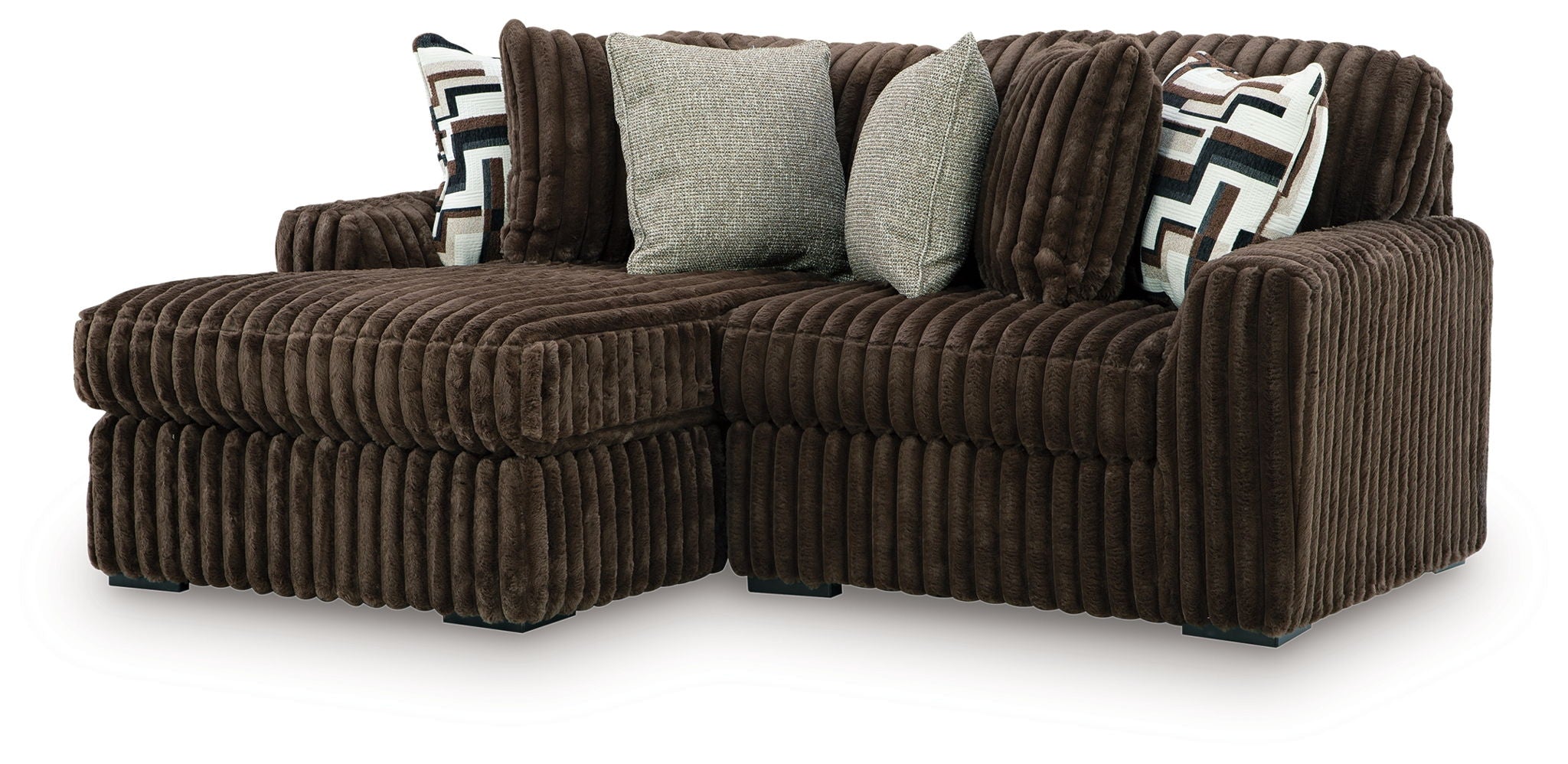 Sectional sofa with chaise, medium brown corded upholstery and light gray cushions