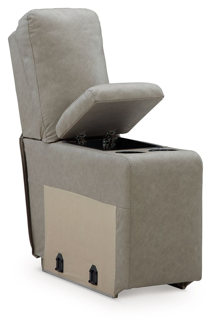 Console with storage chair, pebble gray upholstery with open top revealing storage