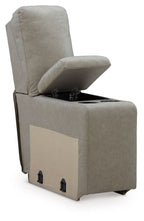 Console with storage chair, pebble gray upholstery with open top revealing storage