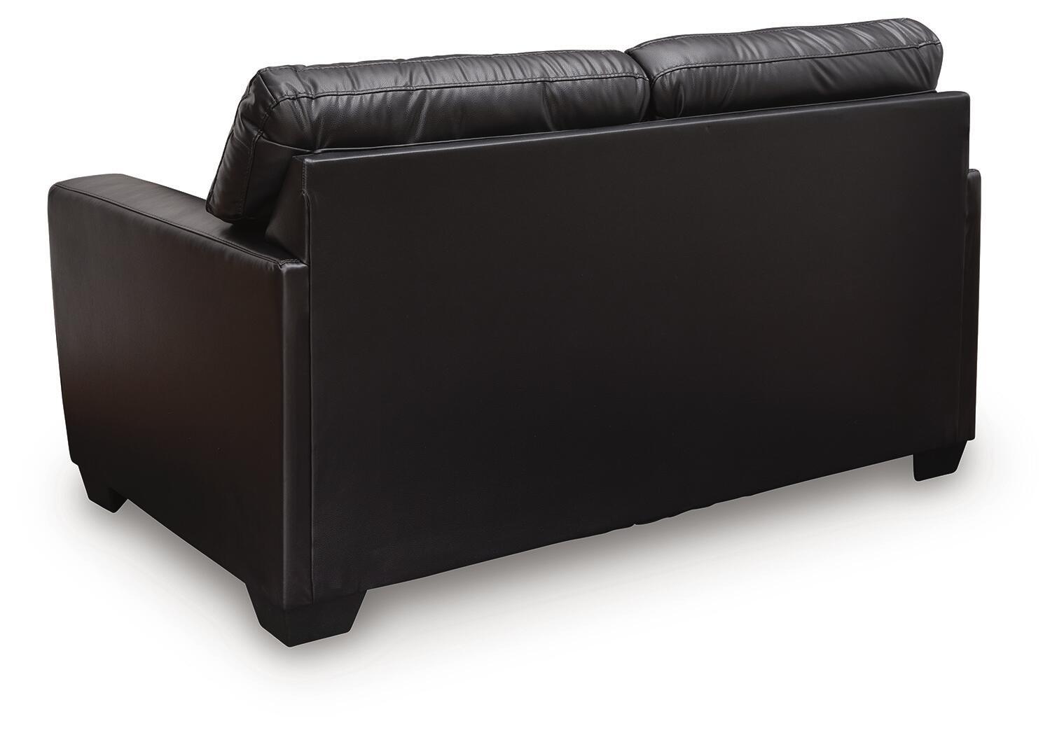 Dark leather-look loveseat with squared arms and upholstered back cushions