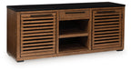 Dark brown credenza with black top, slatted doors, and open center shelves