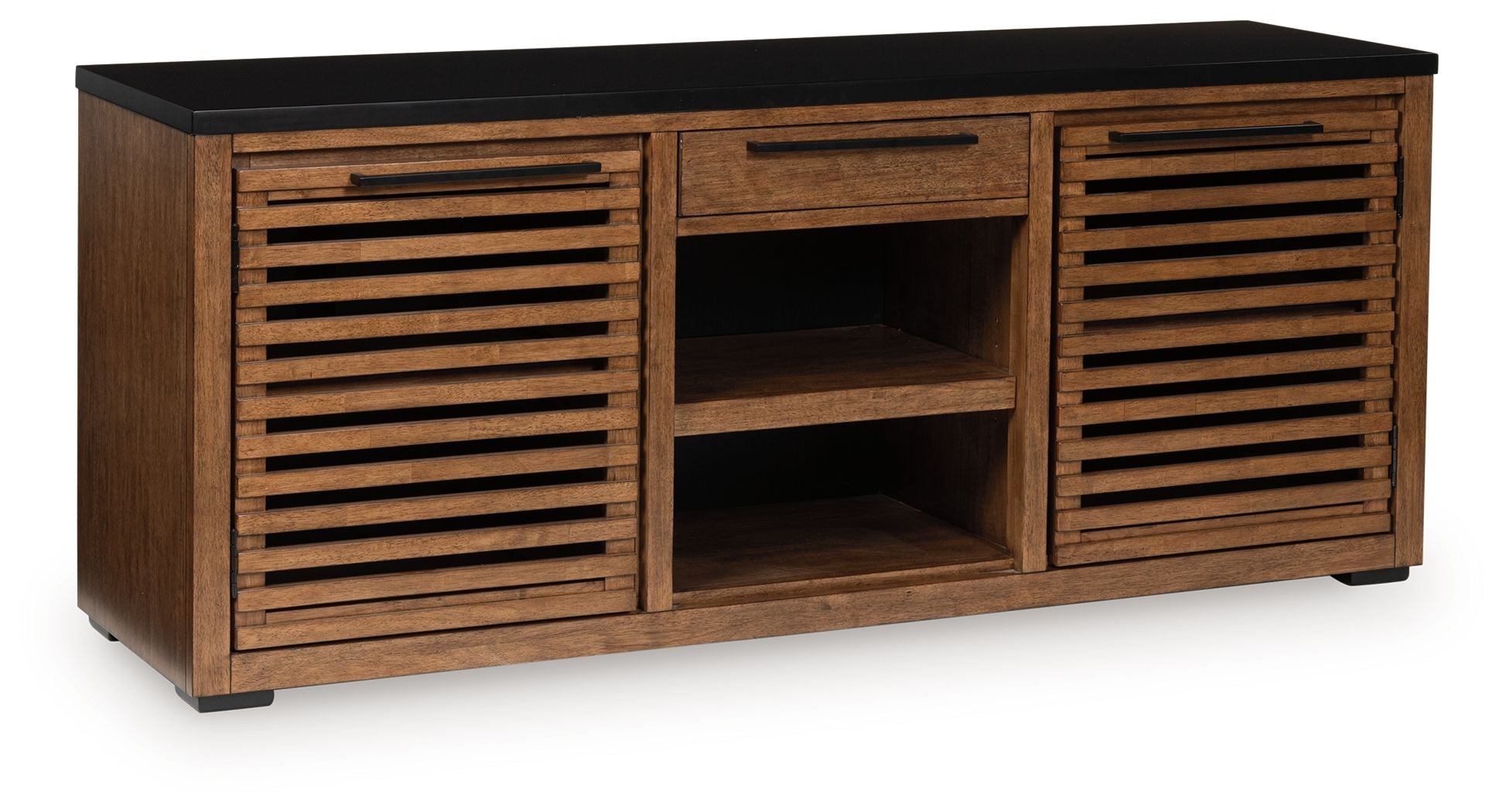 Dark brown credenza with black top, slatted doors, and open center shelves