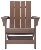 Brown Adirondack chair front view with padded armrests and slatted backrest.