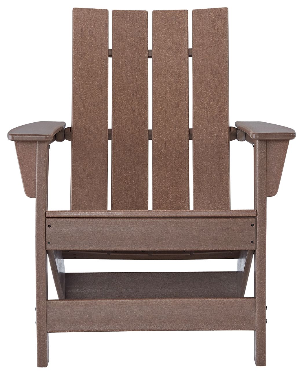 Brown Adirondack chair front view with padded armrests and slatted backrest.