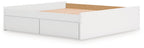 White platform bed with open slat storage compartment and side drawer fronts