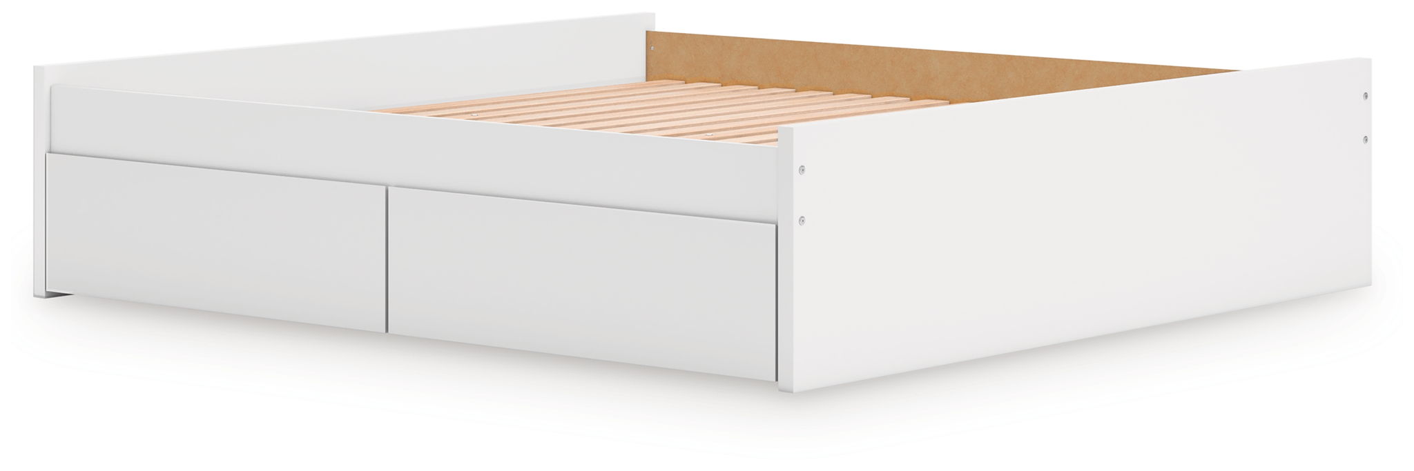 White platform bed with open slat storage compartment and side drawer fronts