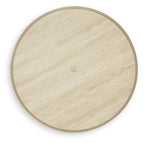 Beige outdoor dining table top: round light wood-look surface with center hole