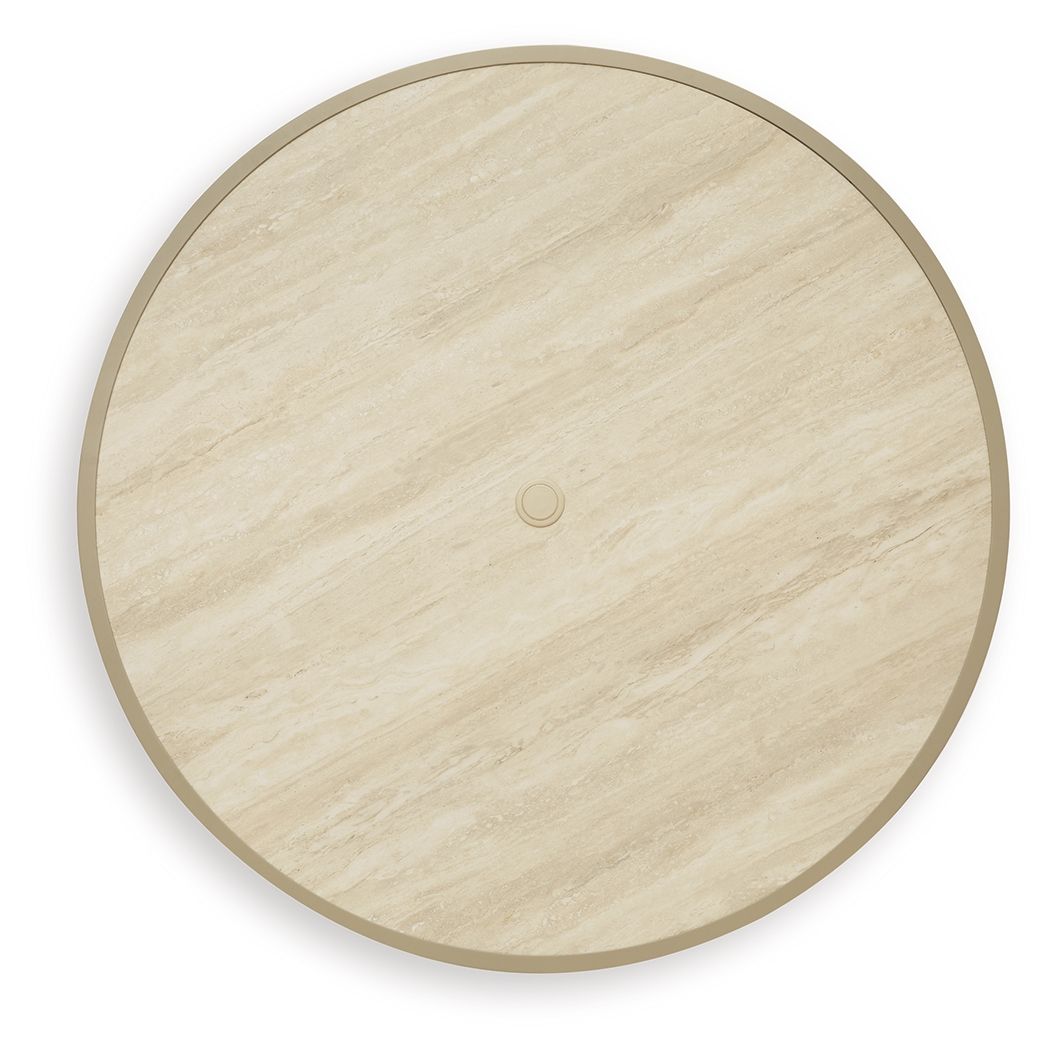 Beige outdoor dining table top: round light wood-look surface with center hole