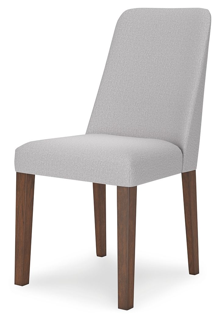 Pearl silver upholstered dining side chair with tall backrest and wooden legs