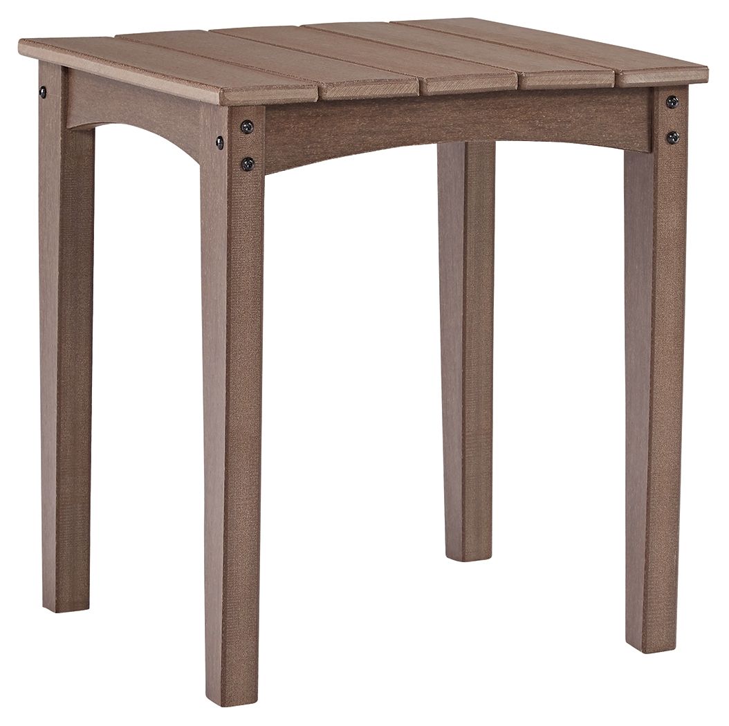 Brown square end table with slatted top and four tapered legs, metal corner brackets