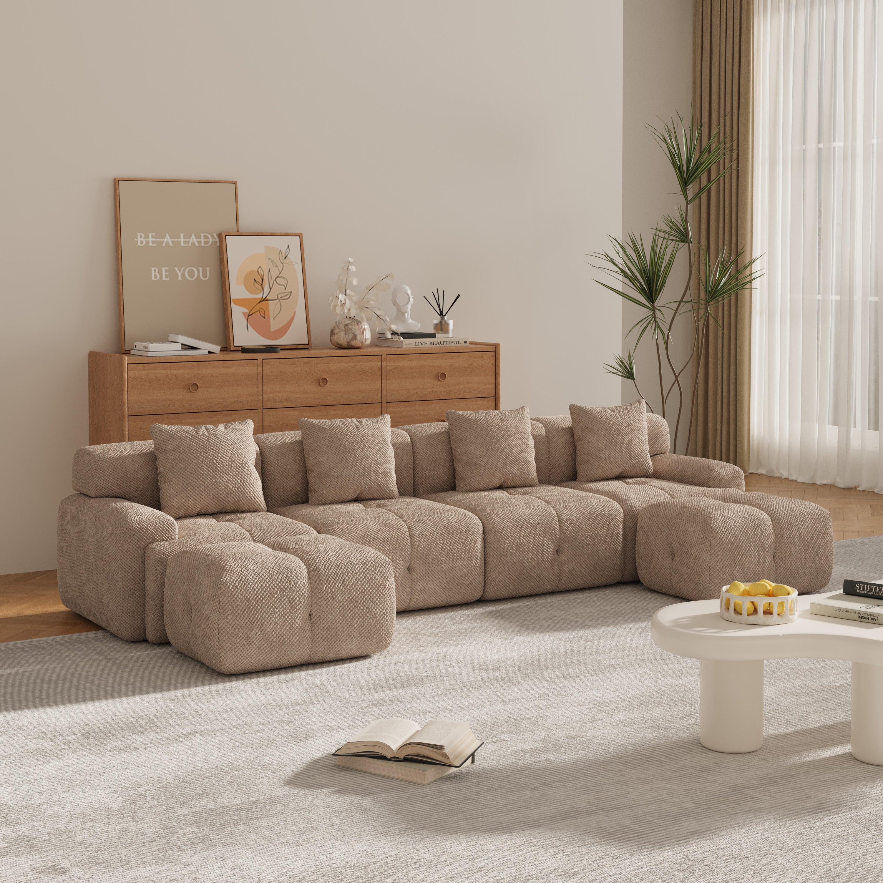 U-Shaped Modular Convertible Sleeper Sectional Sofa Taupe