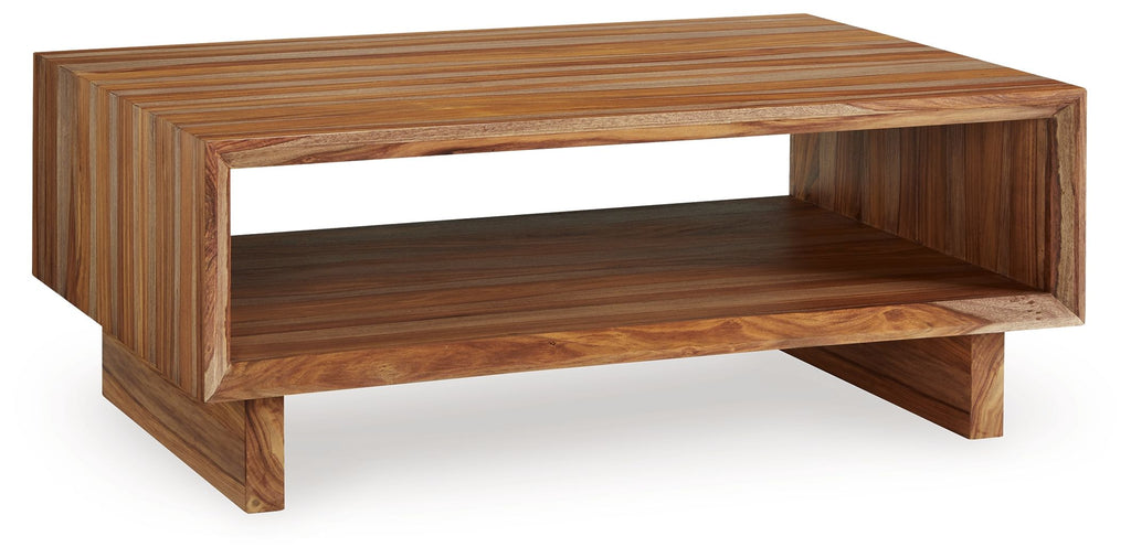 Rectangular cocktail table in brown wood with open lower shelf