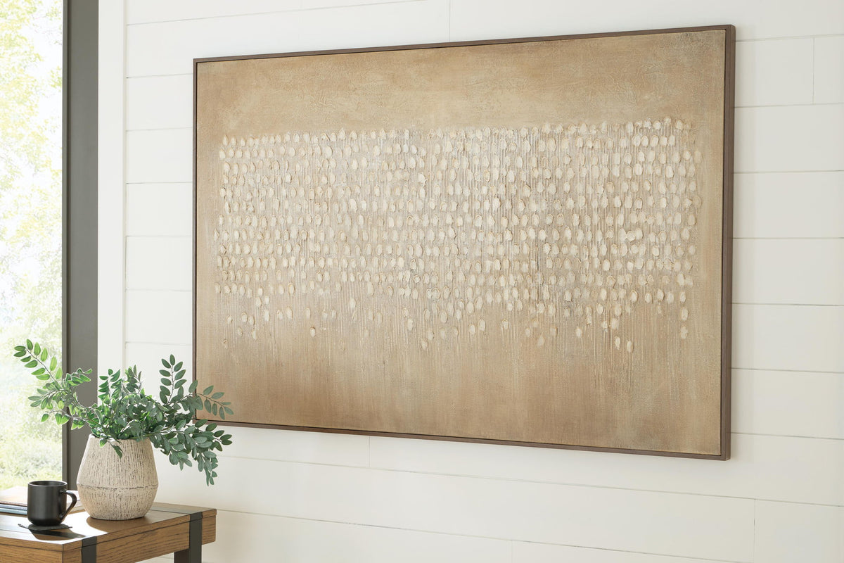 Large rectangular framed wall art with beige dot texture on warm brown