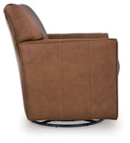 Light brown swivel glider accent chair side view with tall back and upholstered arms.