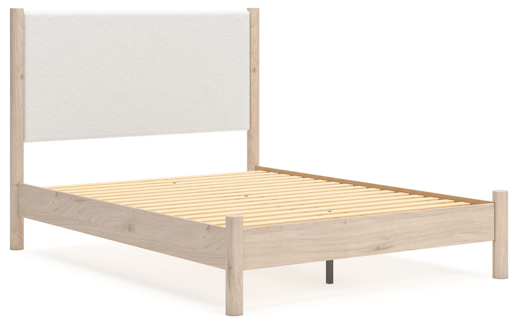 Beige upholstered panel bed with light wood frame and exposed wooden slats