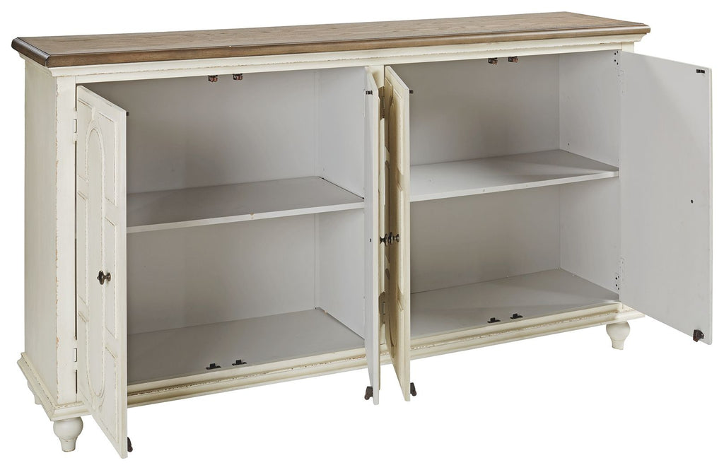 Antique white accent cabinet with hinged doors open to reveal shelves
