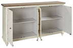 Antique white accent cabinet with hinged doors open to reveal shelves