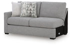 Pewter gray sofa with patterned lumbar pillow and beige accent cushion, squared arms