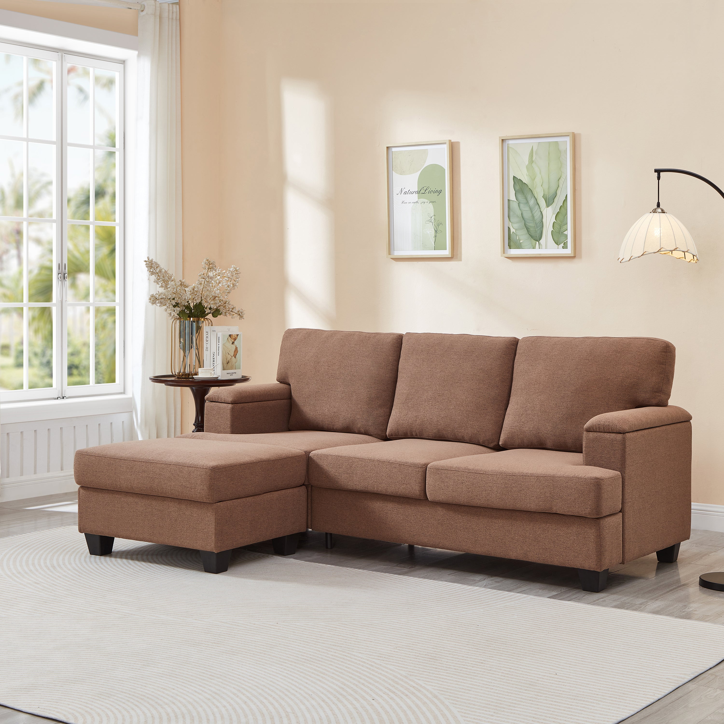 Brown 86" L-Shaped Sectional Sofa with Ottoman & Organizer