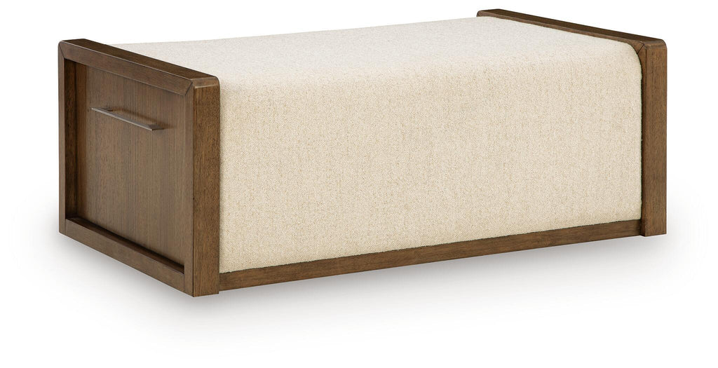 Brown upholstered storage ottoman with lift-top lid and side panels