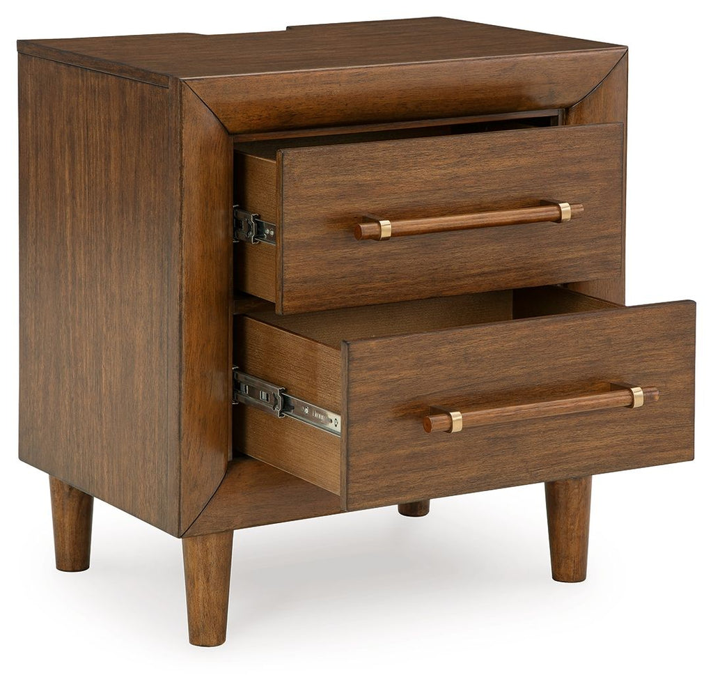 Brown two-drawer nightstand with drawers open, showing metal slides and bar pulls