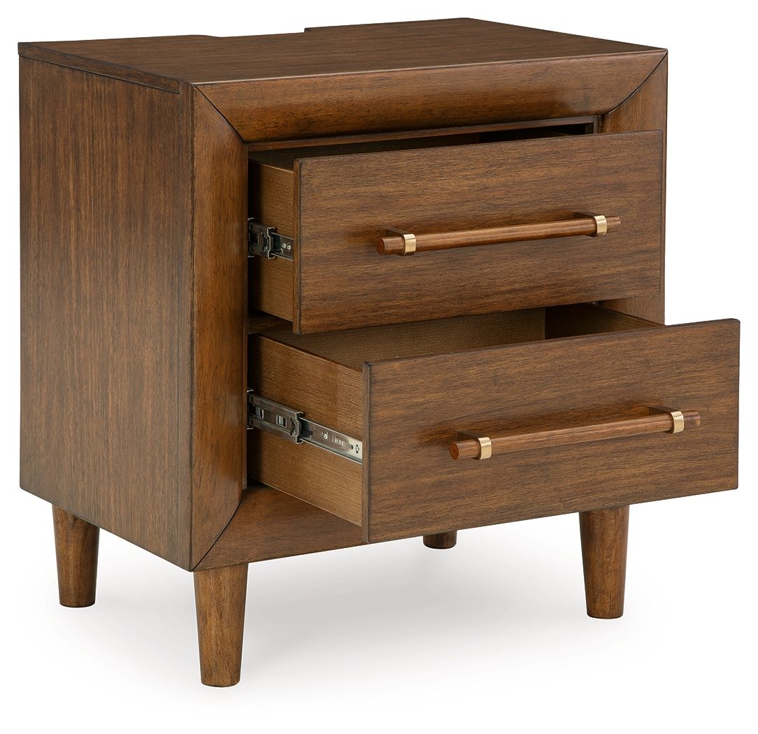 Brown two-drawer nightstand with drawers open, showing metal slides and bar pulls