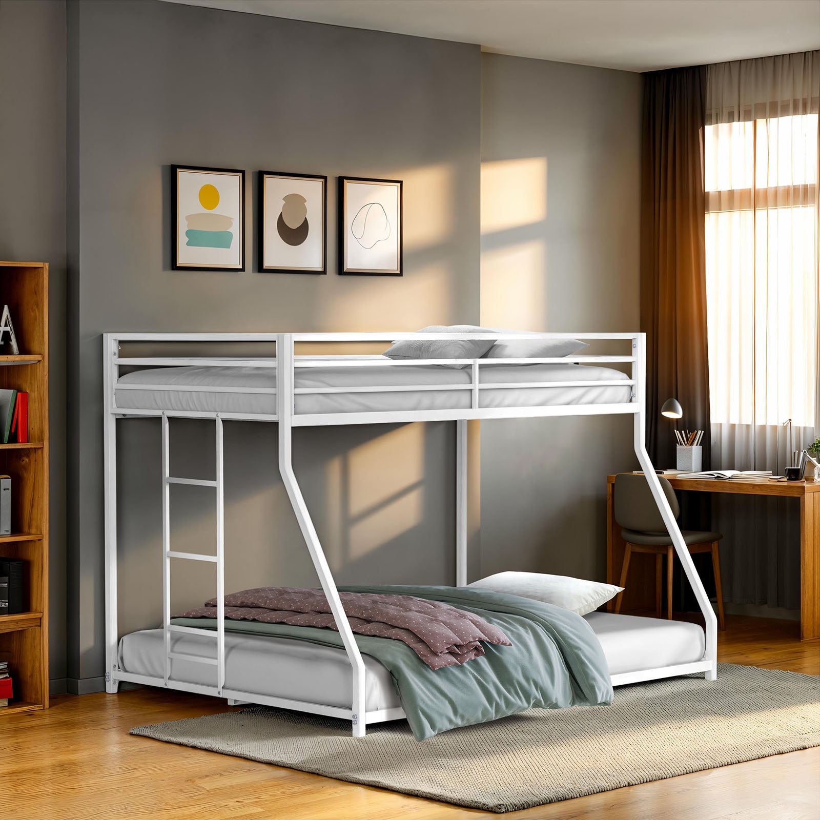 Twin Over Full Metal Low Bunk Bed | White, Mattress Ready, Ladder