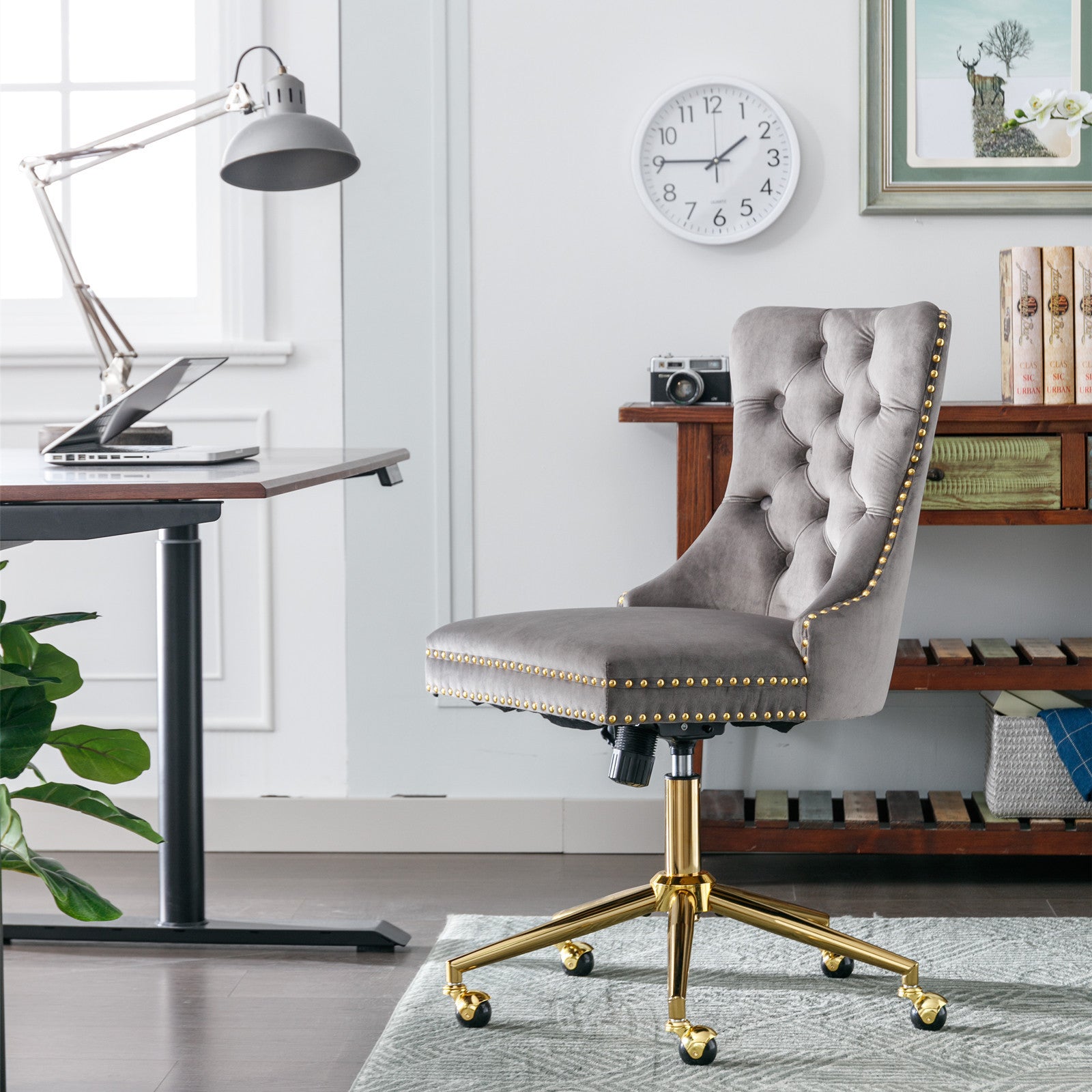 Velvet Tufted Office Chair w/ Gold Base- Gray