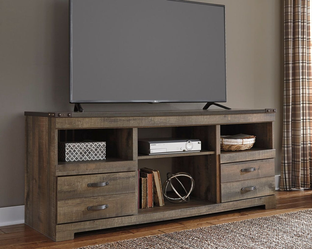 Dark brown TV stand with open center shelf, cable-ready back, and two drawer fronts