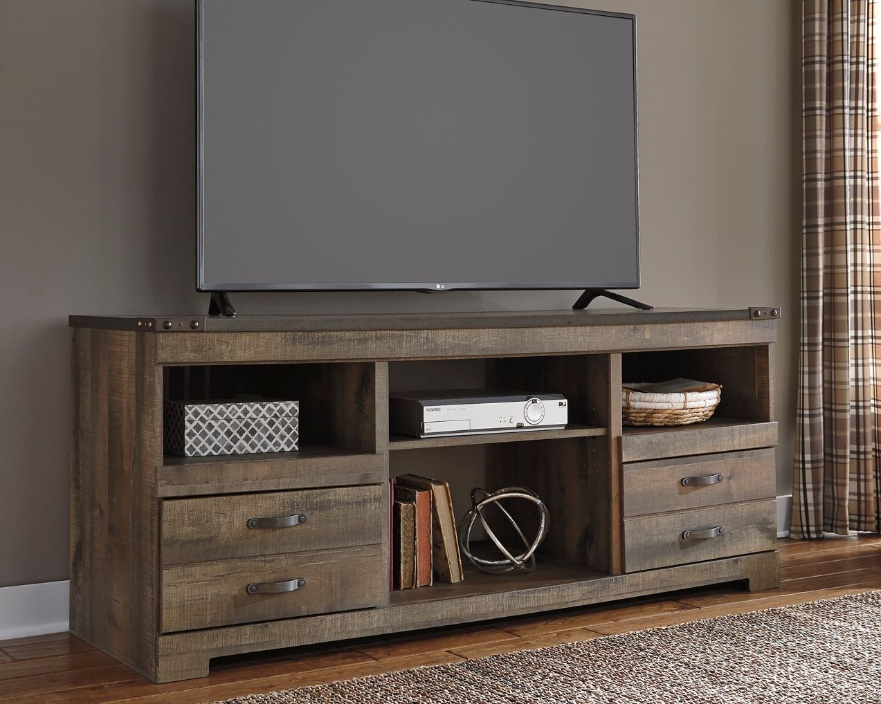 Dark brown TV stand with open center shelf, cable-ready back, and two drawer fronts