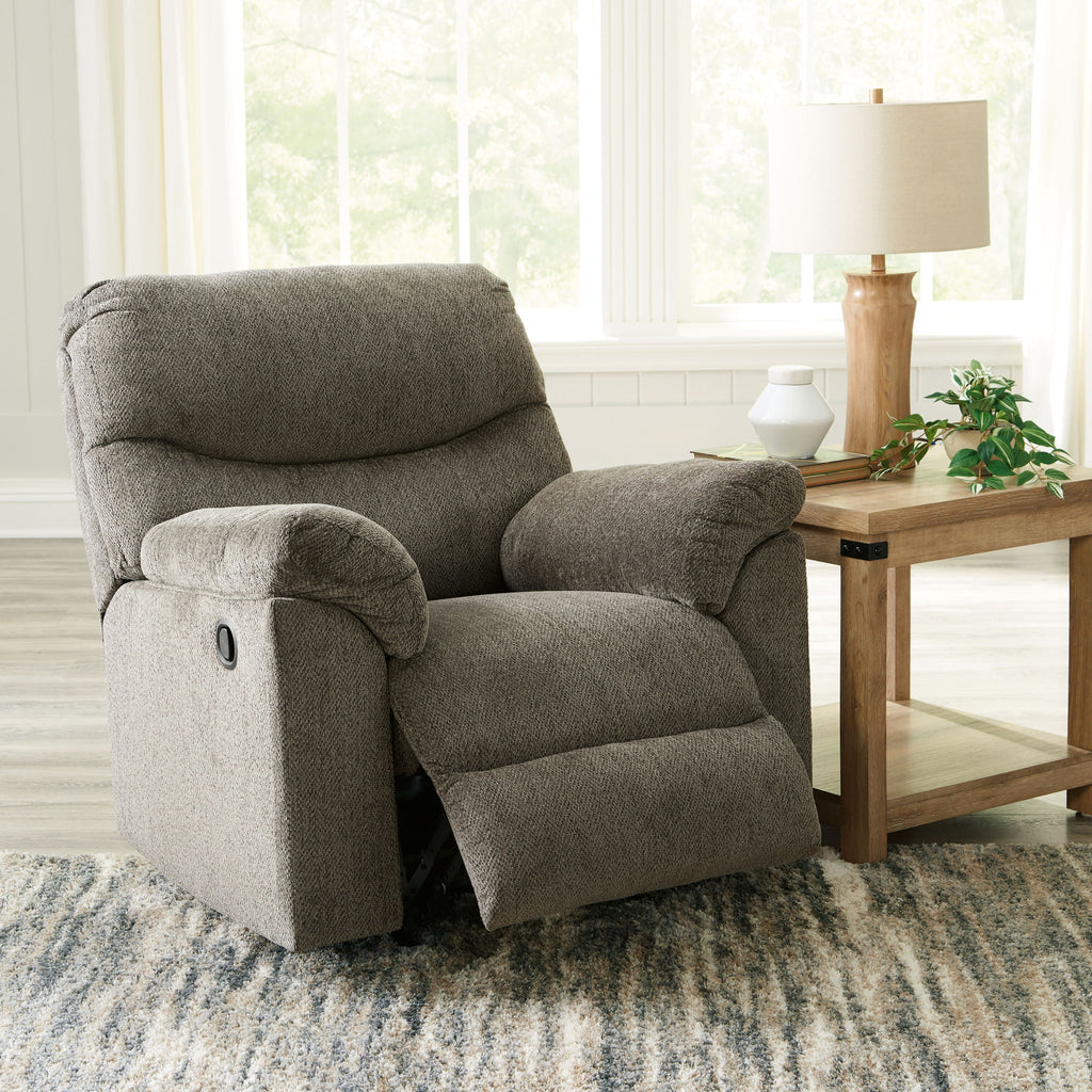 Taupe fabric recliner chair with wide back, footrest, and side pull tab