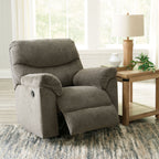 Taupe fabric recliner chair with wide back, footrest, and side pull tab