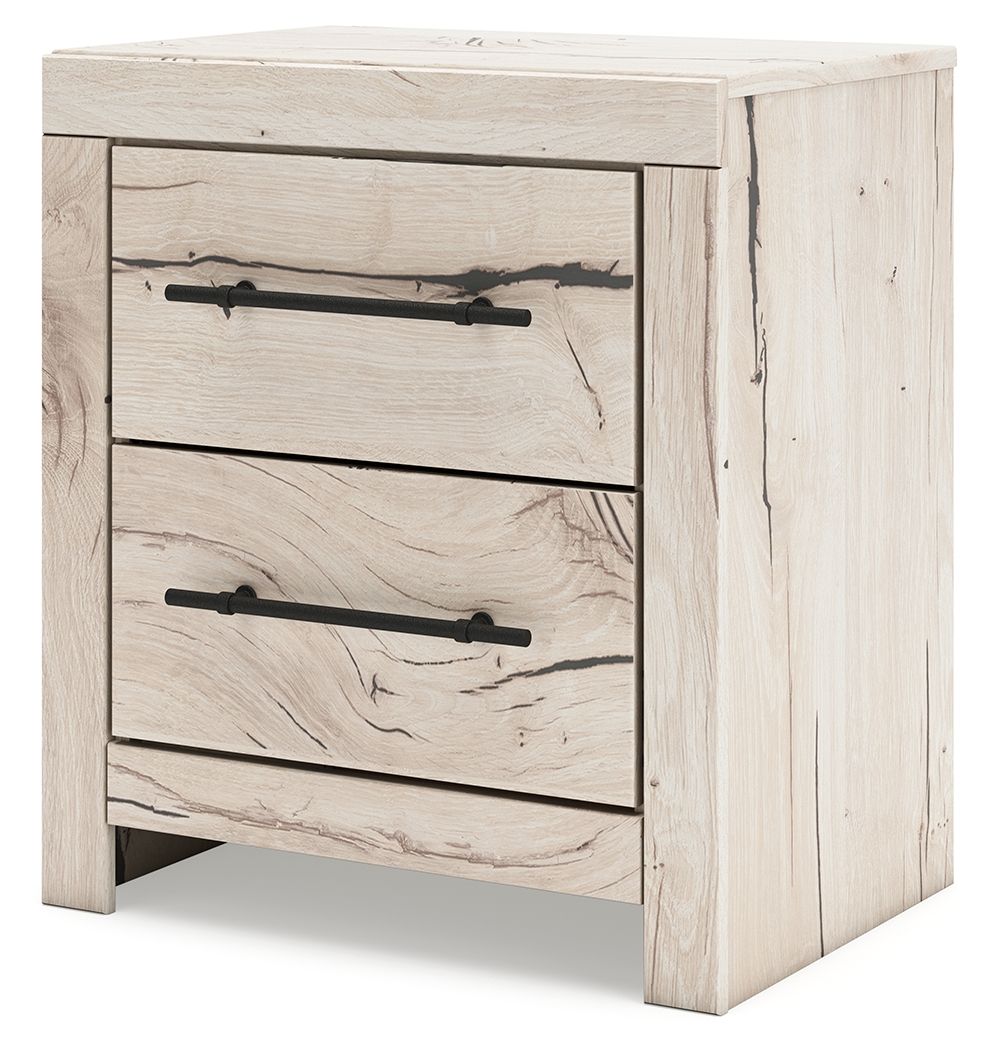 Lawroy two-drawer night stand, light natural wood with two drawers and black pulls