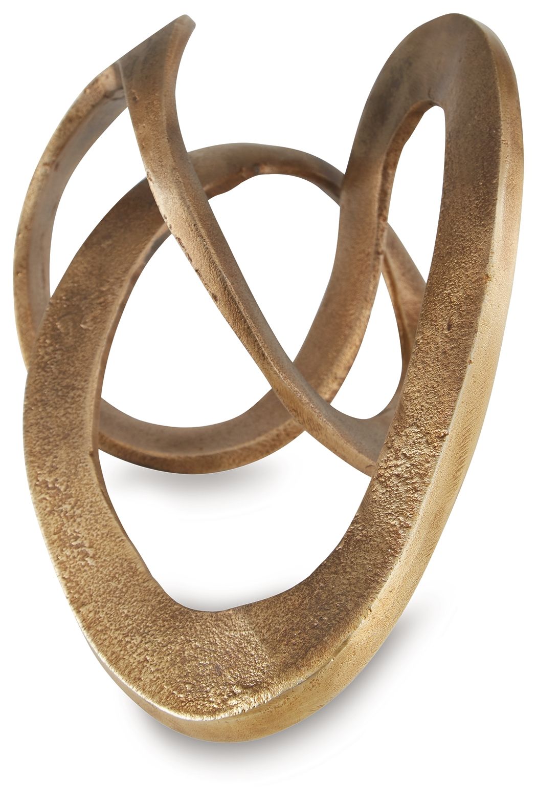 Antique brass metal sculpture with stacked oval rings, abstract intertwined design