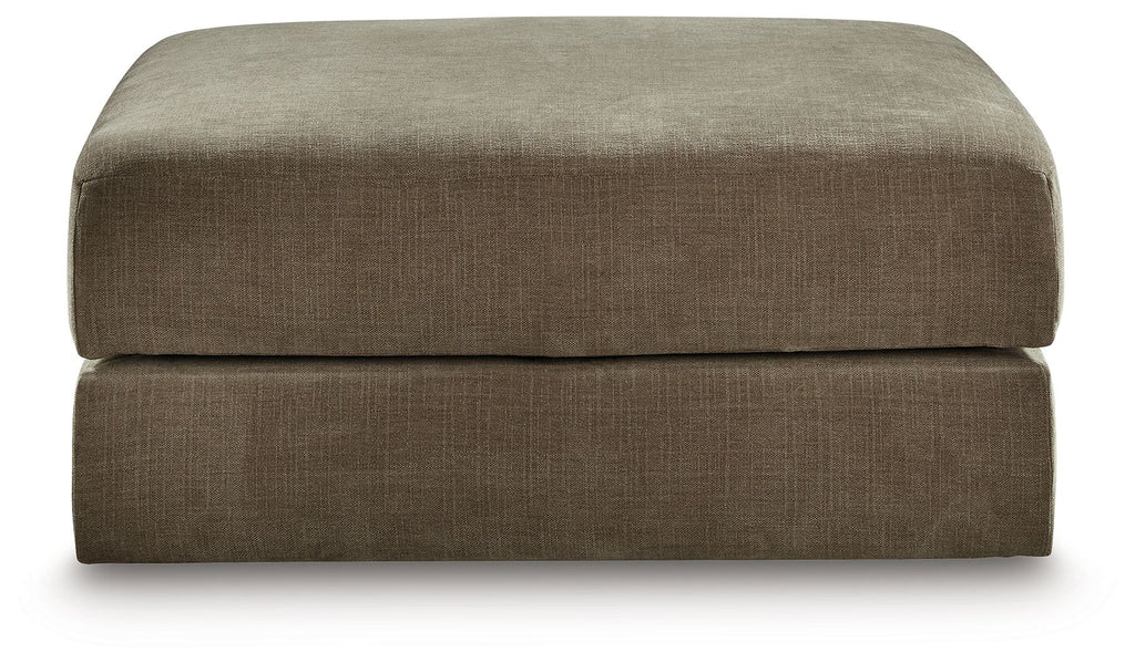 Coffee-toned fabric storage ottoman with square padded top and buttoned look