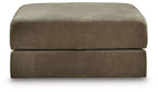 Coffee-toned fabric storage ottoman with square padded top and buttoned look